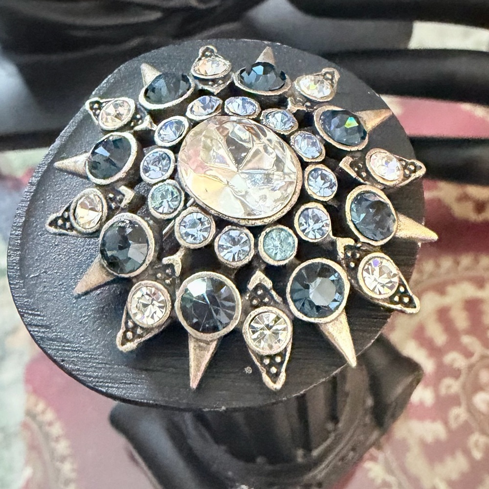 Vintage Sunburst Crystal Brooch with crystal and Brass Accents